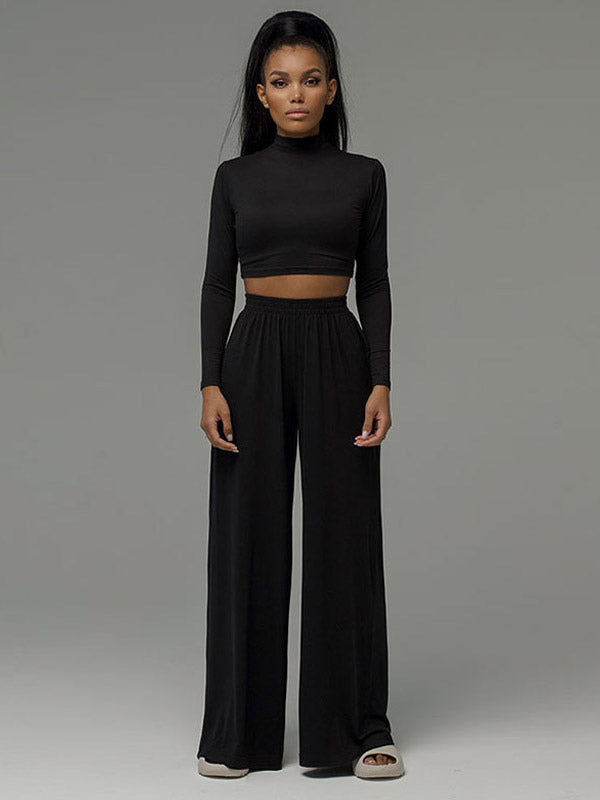 Two Piece Sets Gray Casual Party High Collar One Sleeve Long Sleeves Pant Set