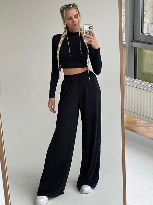 Two Piece Sets Gray Casual Party High Collar One Sleeve Long Sleeves Pant Set