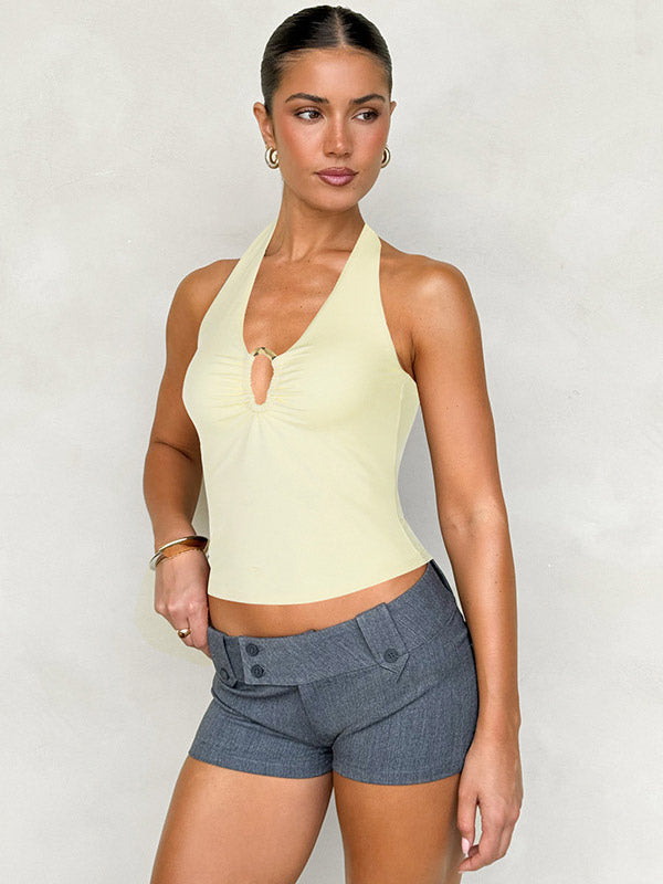 Burgundy Cami Top Halter Lace Up Buttons Chic Women Camis