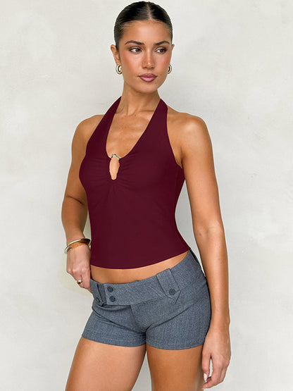 Burgundy Cami Top Halter Lace Up Buttons Chic Women Camis