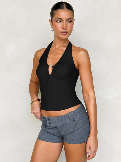 Burgundy Cami Top Halter Lace Up Buttons Chic Women Camis