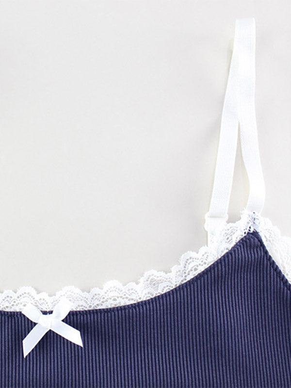 Two Piece Sets Blue Street Wear Bows Straps Neck Sleeveless Pant Set