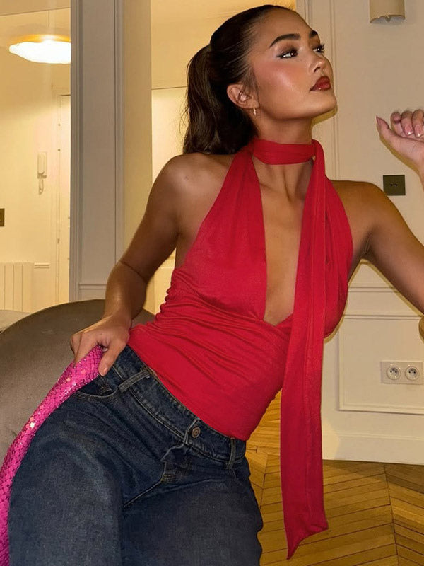 Red Cami Top Halter Lace Up Backless Sleeveless Sexy Women Camis