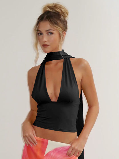 Red Cami Top Halter Lace Up Backless Sleeveless Sexy Women Camis