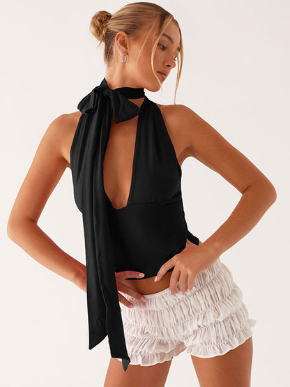Red Cami Top Halter Lace Up Backless Sleeveless Sexy Women Camis