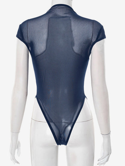 Bodysuit Sleeveless Blue Buttons Stand Collar Top For Women