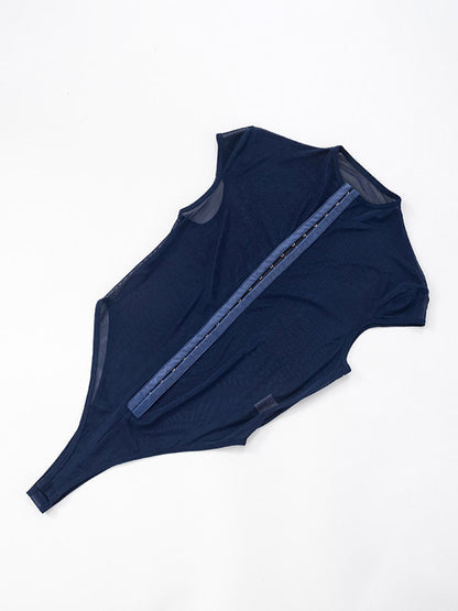 Bodysuit Sleeveless Blue Buttons Stand Collar Top For Women