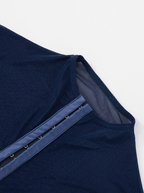 Bodysuit Sleeveless Blue Buttons Stand Collar Top For Women
