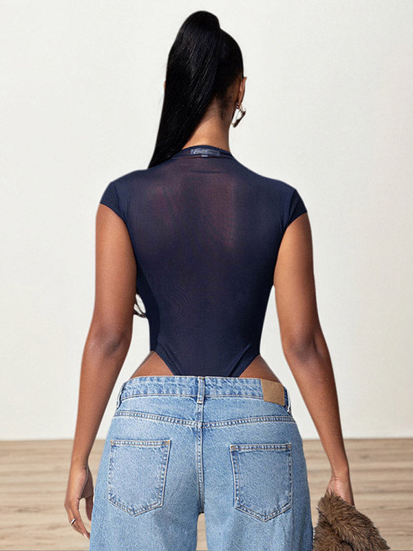 Bodysuit Sleeveless Blue Buttons Stand Collar Top For Women