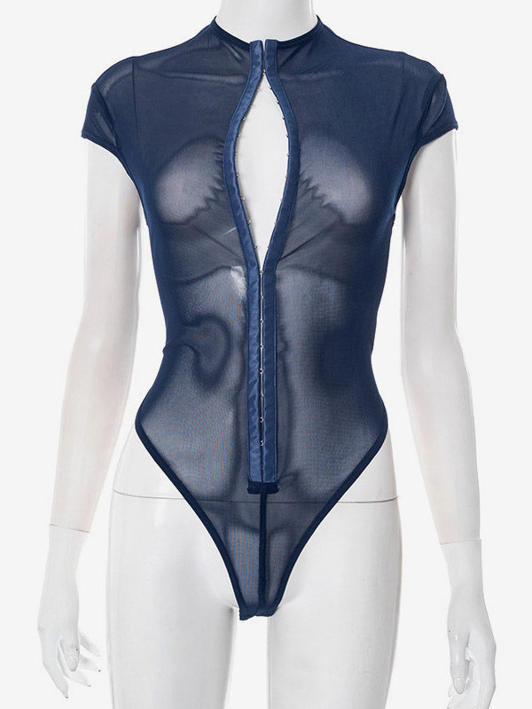 Bodysuit Sleeveless Blue Buttons Stand Collar Top For Women