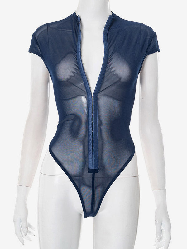 Bodysuit Sleeveless Blue Buttons Stand Collar Top For Women