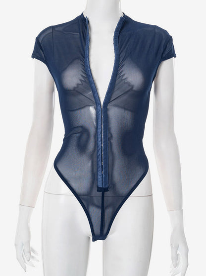 Bodysuit Sleeveless Blue Buttons Stand Collar Top For Women