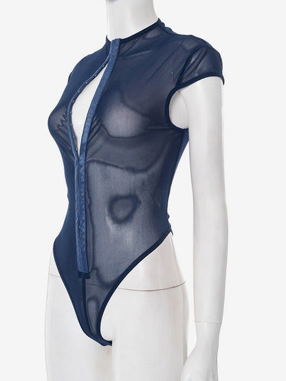 Bodysuit Sleeveless Blue Buttons Stand Collar Top For Women