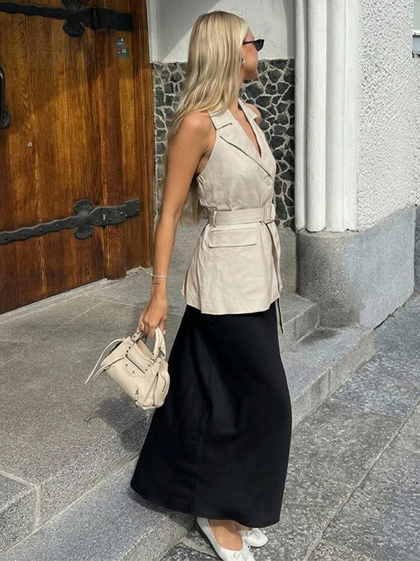 Blouse For Women Khaki Cotton Linen Halter Backless Casual Lace Up Sash Sleeveless Tops
