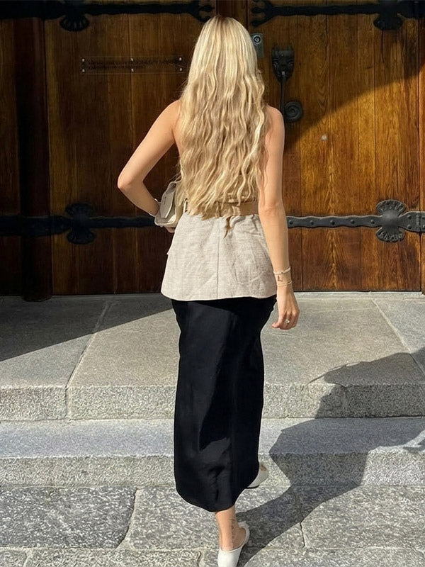 Blouse For Women Khaki Cotton Linen Halter Backless Casual Lace Up Sash Sleeveless Tops