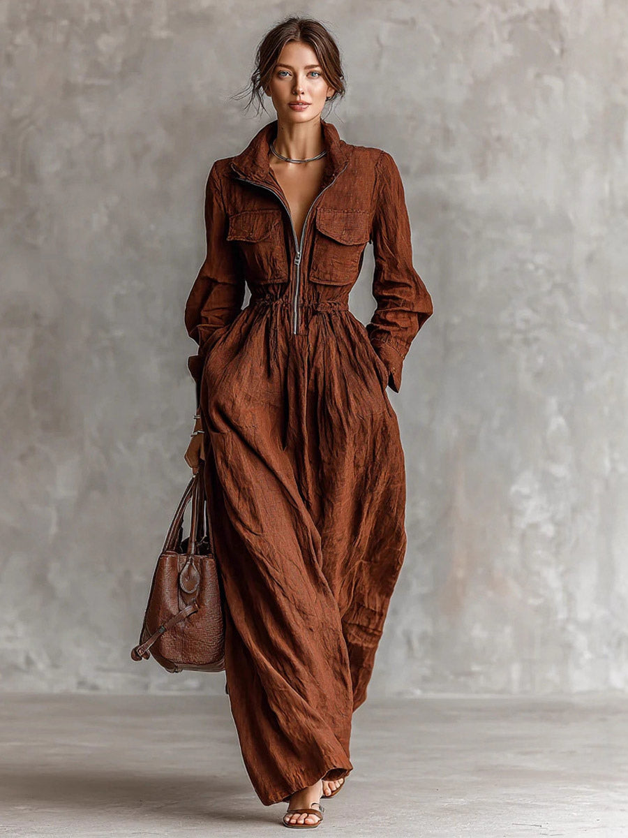 Daily Dresses Women's Maxi Coffee Brown Polyester Long Sleeves V-Neck Raised Waist Dress