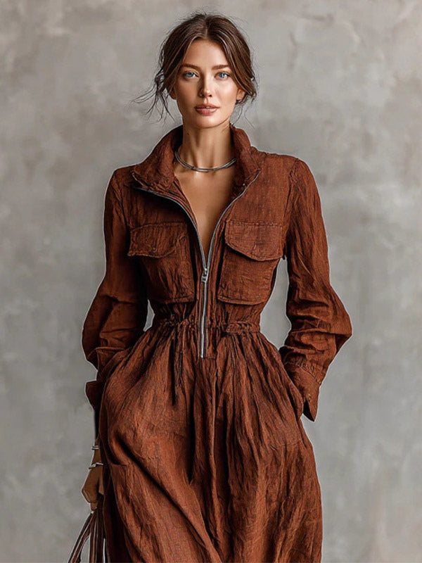 Daily Dresses Women's Maxi Coffee Brown Polyester Long Sleeves V-Neck Raised Waist Dress