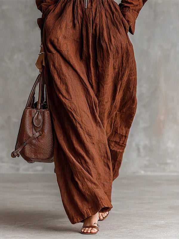 Daily Dresses Women's Maxi Coffee Brown Polyester Long Sleeves V-Neck Raised Waist Dress