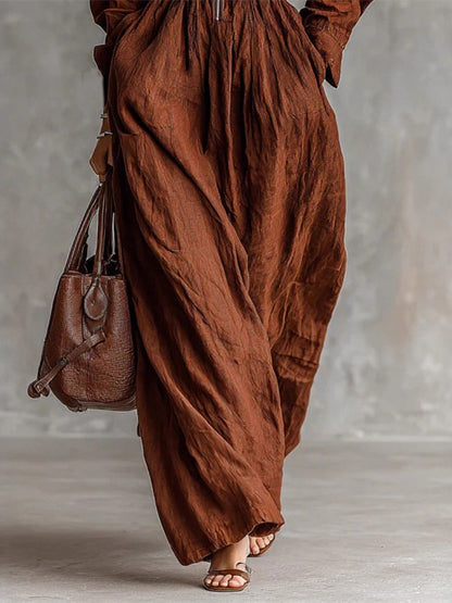 Daily Dresses Women's Maxi Coffee Brown Polyester Long Sleeves V-Neck Raised Waist Dress