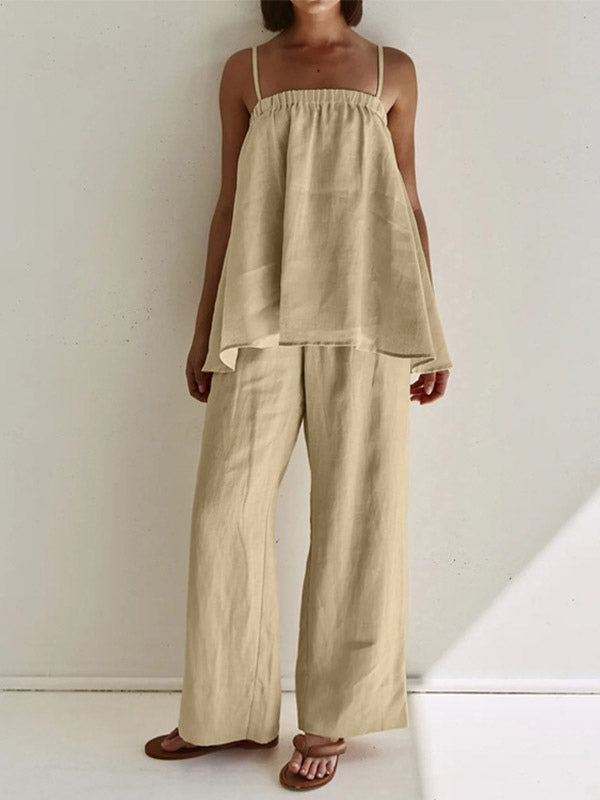 Two Piece Sets Khaki Casual Street Wear Straps Neck Sleeveless Pant Set