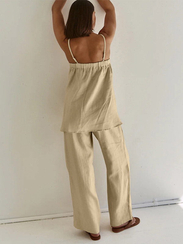 Two Piece Sets Khaki Casual Street Wear Straps Neck Sleeveless Pant Set