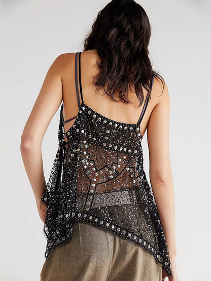 Orange Cami Top Straps Neck Sequins Beaded Chic Backless Camis For Women