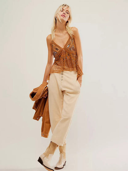 Orange Cami Top Straps Neck Sequins Beaded Chic Backless Camis For Women