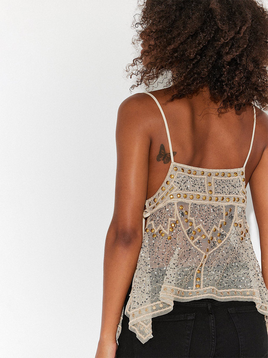 Orange Cami Top Straps Neck Sequins Beaded Chic Backless Camis For Women
