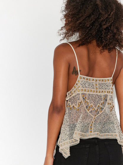 Orange Cami Top Straps Neck Sequins Beaded Chic Backless Camis For Women