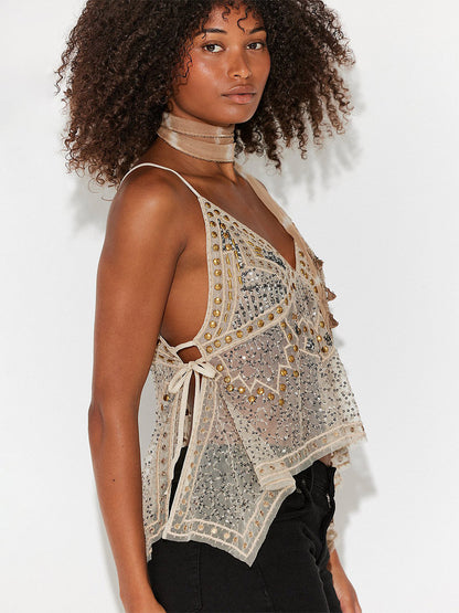 Orange Cami Top Straps Neck Sequins Beaded Chic Backless Camis For Women