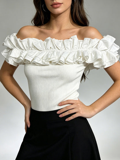 White Cami Top Off-The-Shoulder Pleated Ruffles Chic Camis For Women