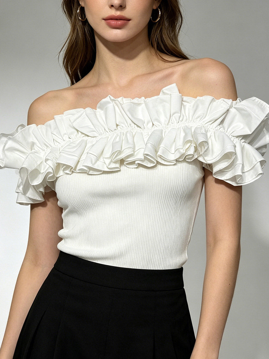 White Cami Top Off-The-Shoulder Pleated Ruffles Chic Camis For Women