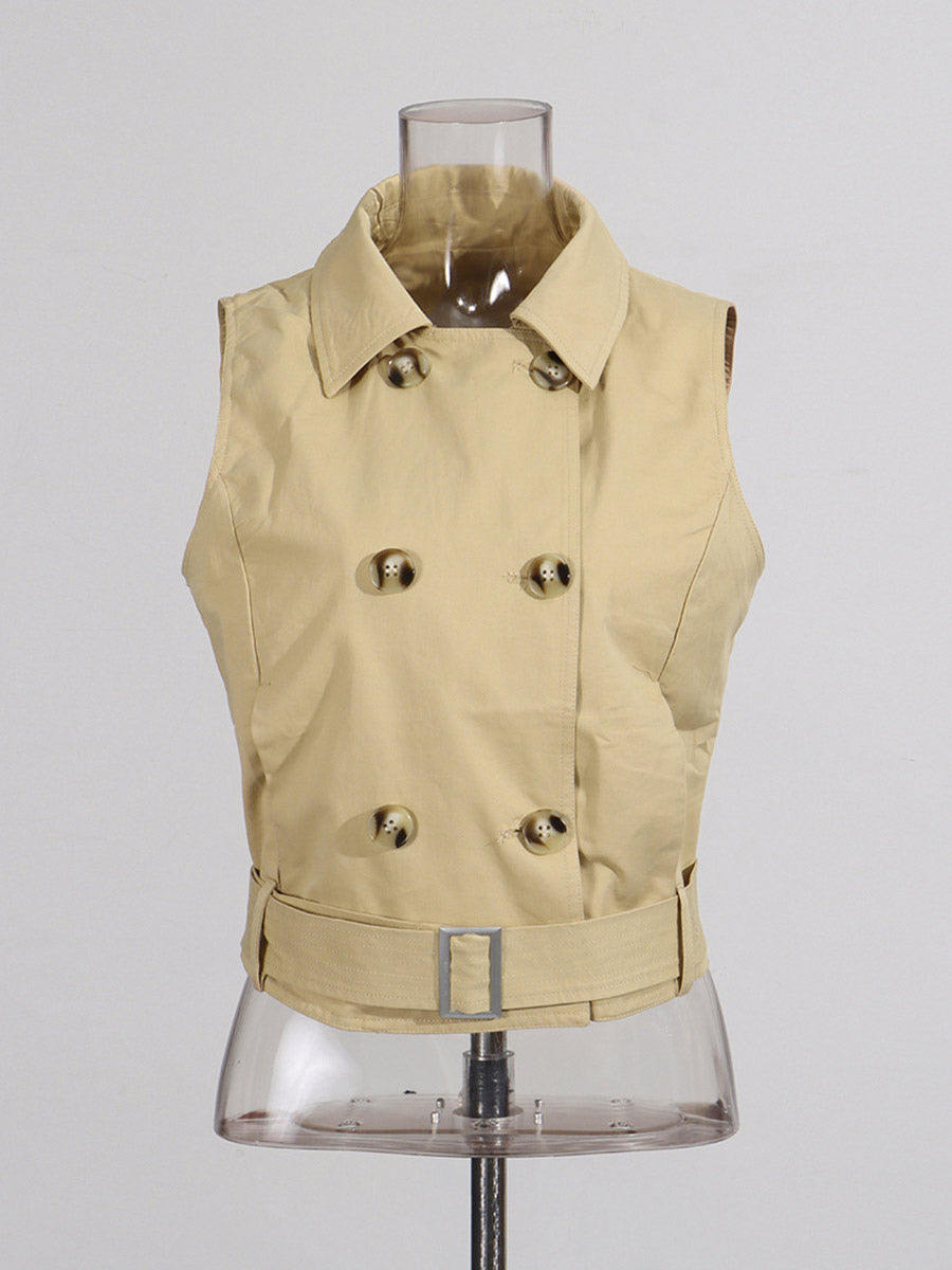 Blouse For Women Khaki Cotton Turndown Collar Academic Sash Buttons Sleeveless Tops