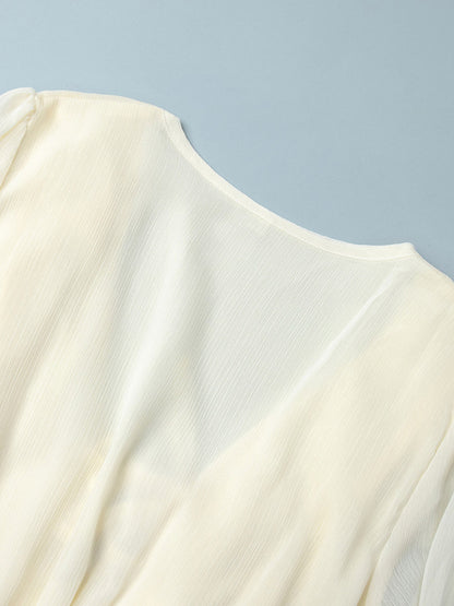 Shirt For Women White Ruffles V-Neck Elegant Long Sleeves Tops