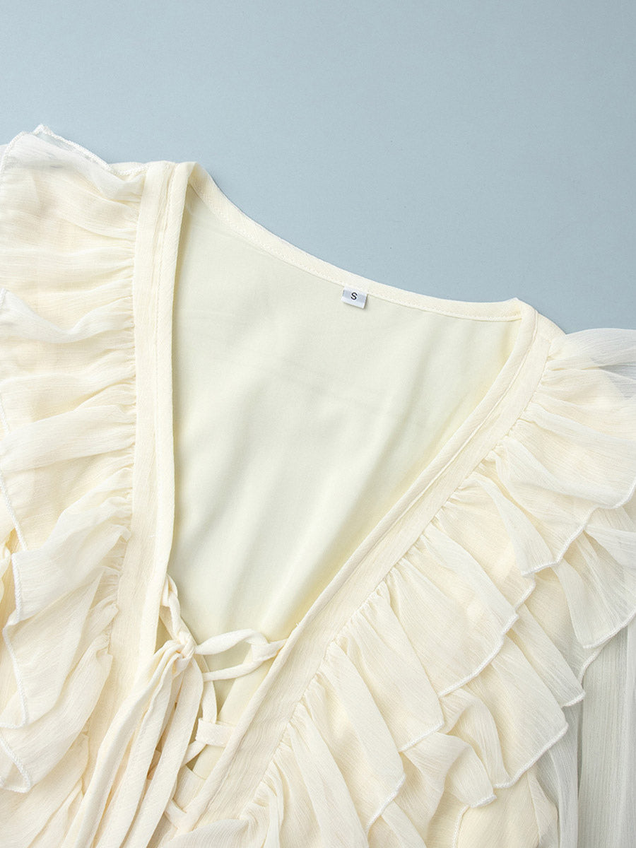 Shirt For Women White Ruffles V-Neck Elegant Long Sleeves Tops