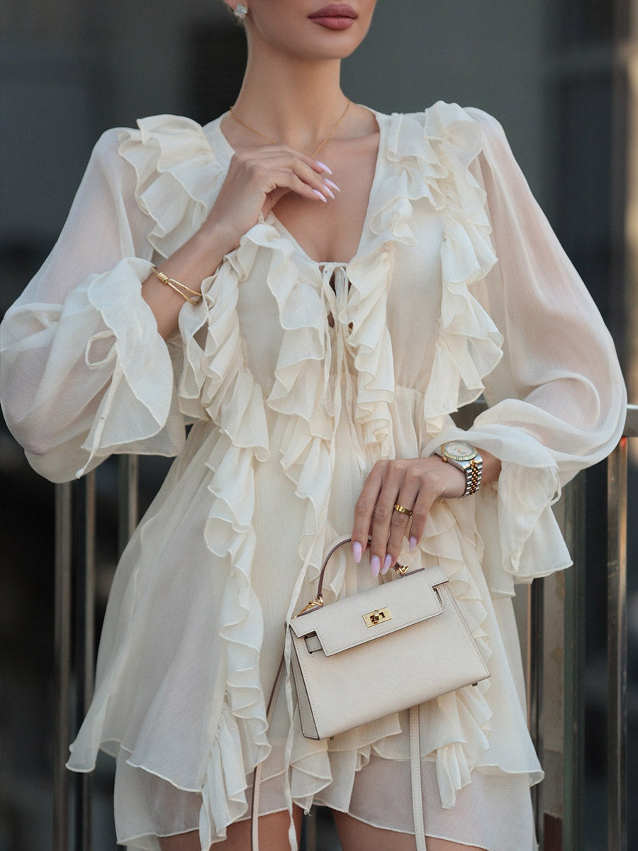 Shirt For Women White Ruffles V-Neck Elegant Long Sleeves Tops