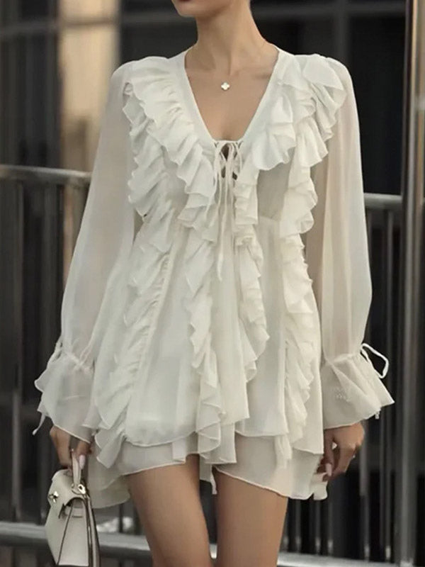 Shirt For Women White Ruffles V-Neck Elegant Long Sleeves Tops
