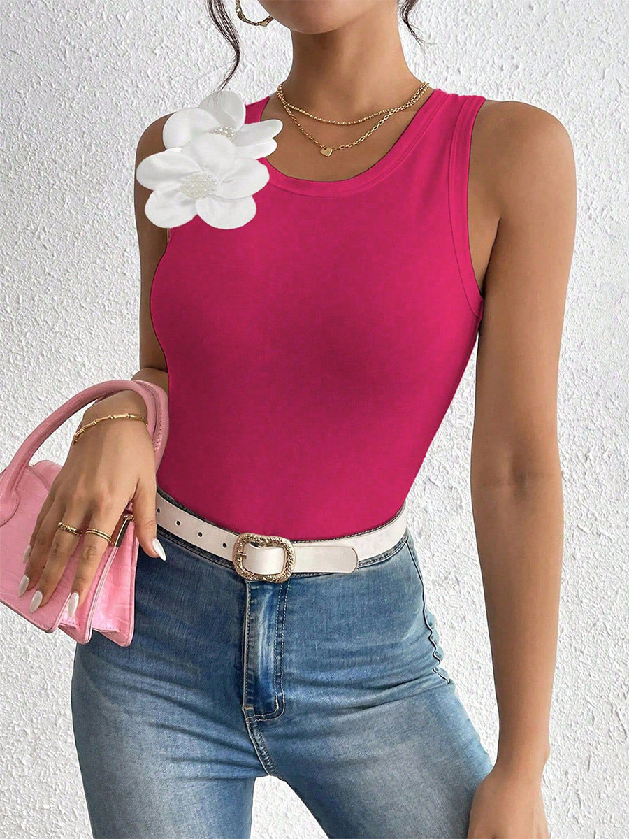 Black Cami Top Jewel Neck Flowers Chic Camis For Women
