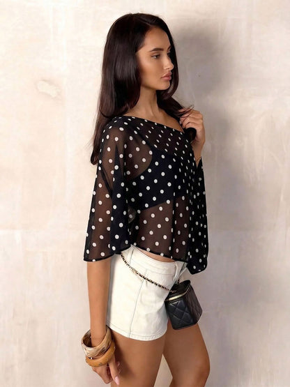Black Cami Top Notched Neckline Polka Dot Chic Asymmetrical Camis For Women