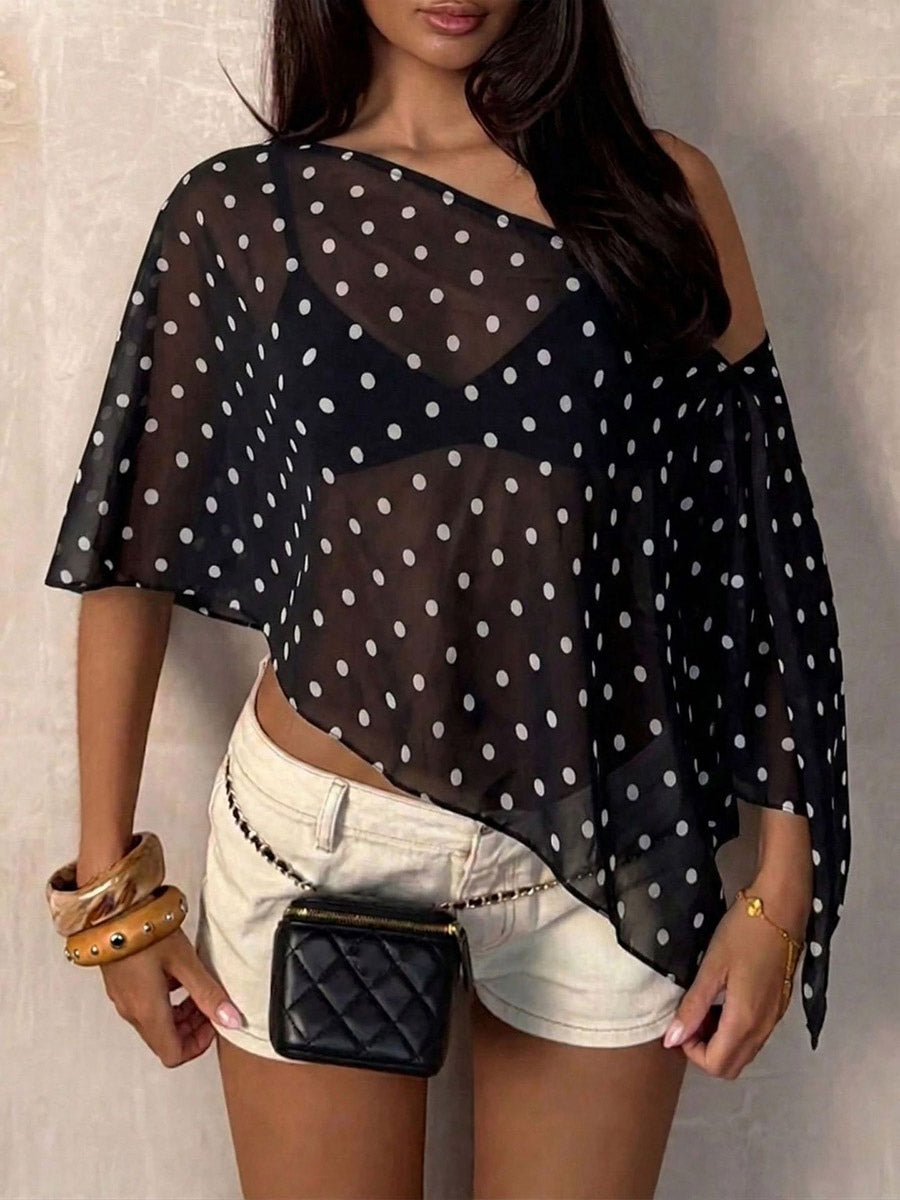 Black Cami Top Notched Neckline Polka Dot Chic Asymmetrical Camis For Women