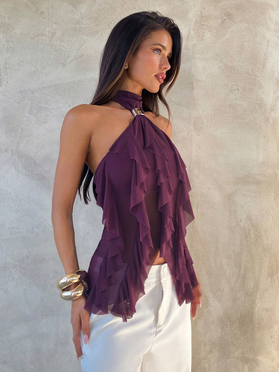 Fuchsia Cami Top Halter Ruffles Casual Sleeveless Women Camis