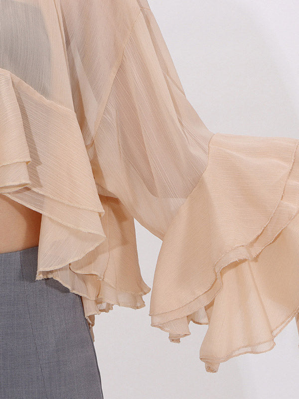 Blouse For Women Salmon Clothes Ruffles Pleated High Collar Chic Long Sleeves Tops