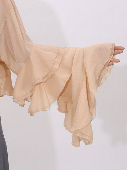 Blouse For Women Salmon Clothes Ruffles Pleated High Collar Chic Long Sleeves Tops