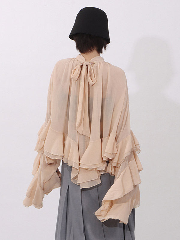 Blouse For Women Salmon Clothes Ruffles Pleated High Collar Chic Long Sleeves Tops