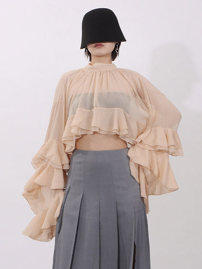Blouse For Women Salmon Clothes Ruffles Pleated High Collar Chic Long Sleeves Tops
