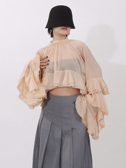 Blouse For Women Salmon Clothes Ruffles Pleated High Collar Chic Long Sleeves Tops
