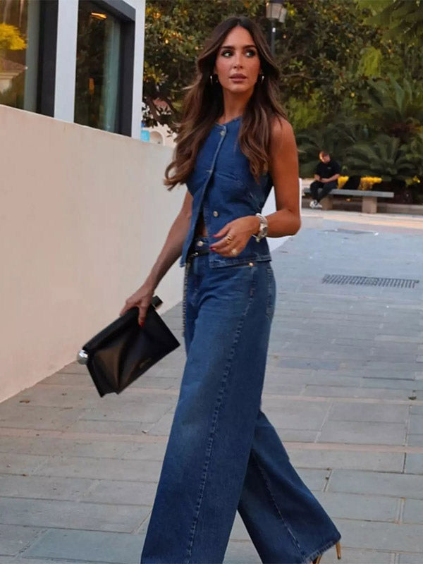 Two Piece Sets Blue Chic Street Wear Jewel Neck Sleeveless Pant Set