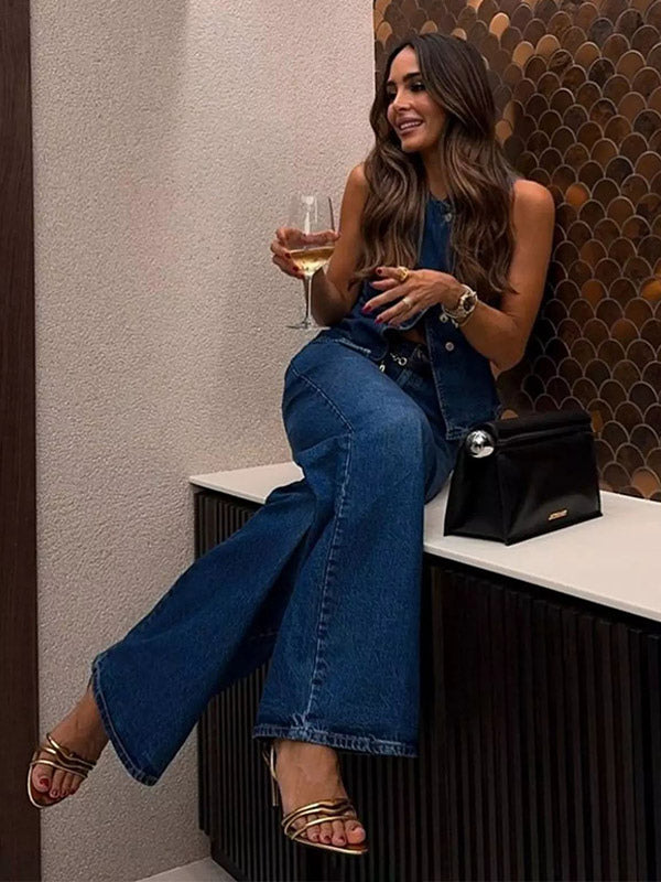Two Piece Sets Blue Chic Street Wear Jewel Neck Sleeveless Pant Set