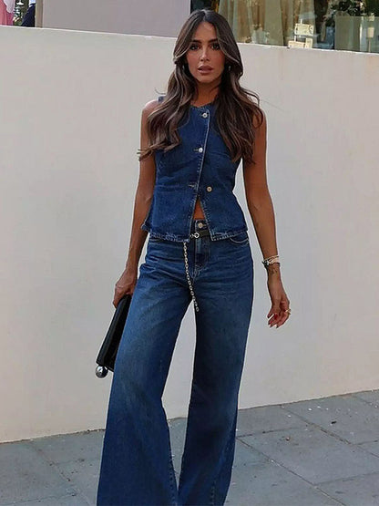 Two Piece Sets Blue Chic Street Wear Jewel Neck Sleeveless Pant Set