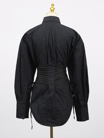 Blouse For Women Black Turndown Collar Chic Buttons Lace Up Long Sleeves Tops
